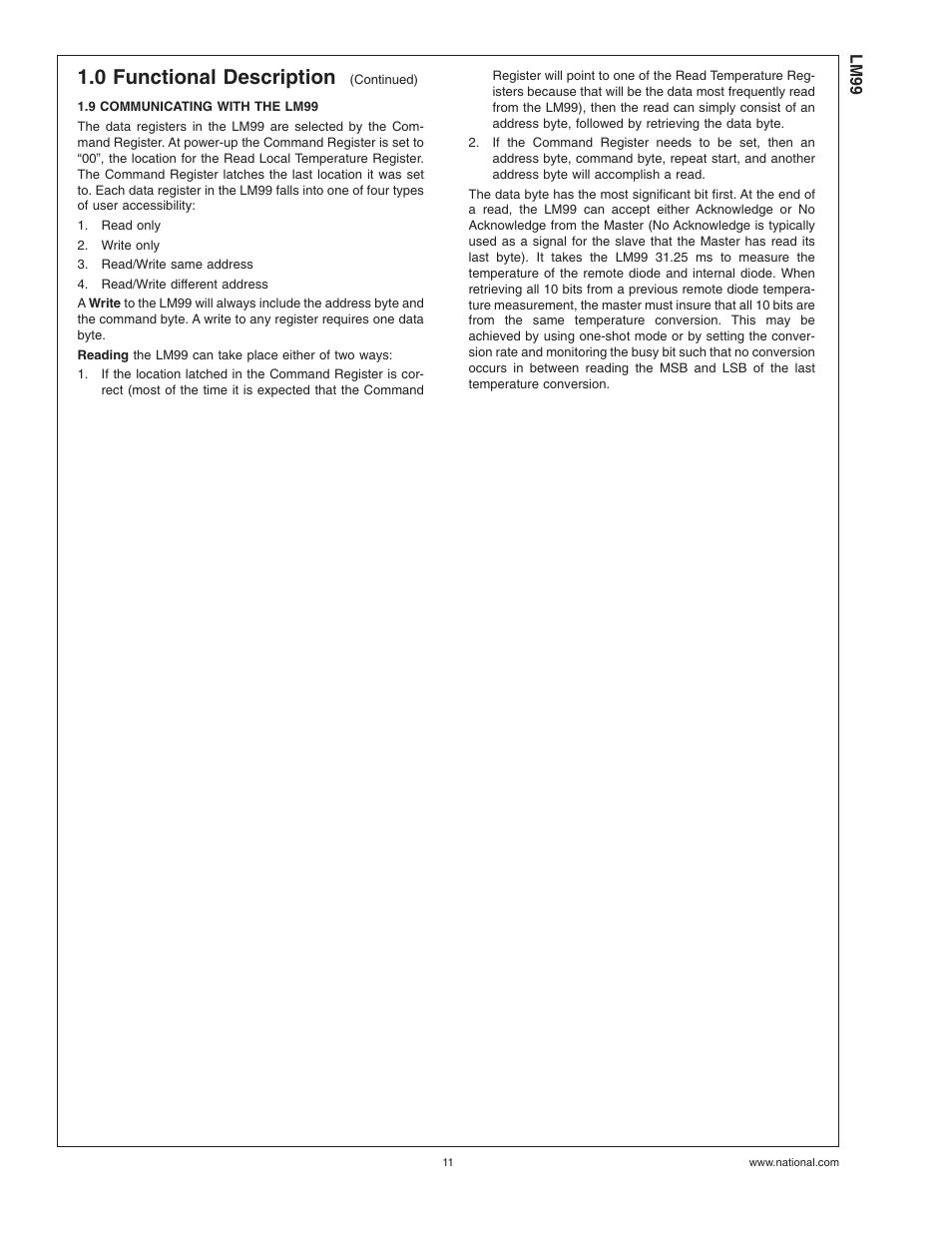 9 communicating with the lm99, 0 functional description | Rainbow Electronics LM99 User Manual | Page 11 / 20