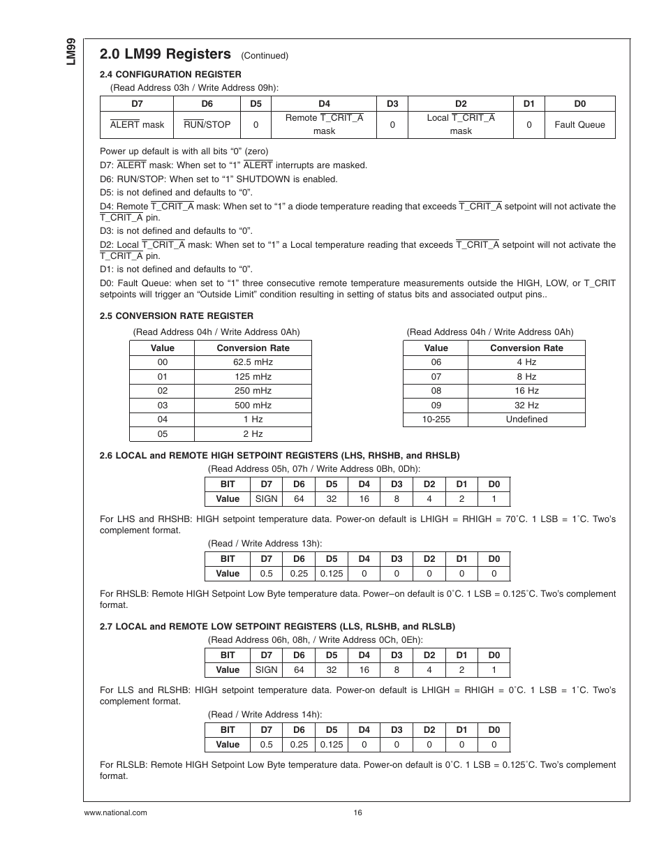 4 configuration register, 5 conversion rate register, 0 lm99 registers | Rainbow Electronics LM99 User Manual | Page 16 / 20