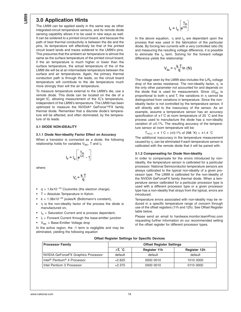 0 application hints, 1 diode non-ideality, 1 diode non-ideality factor effect on accuracy | 2 compensating for diode non-ideality, Offset register settings for specific devices, Lm99 | Rainbow Electronics LM99 User Manual | Page 18 / 20