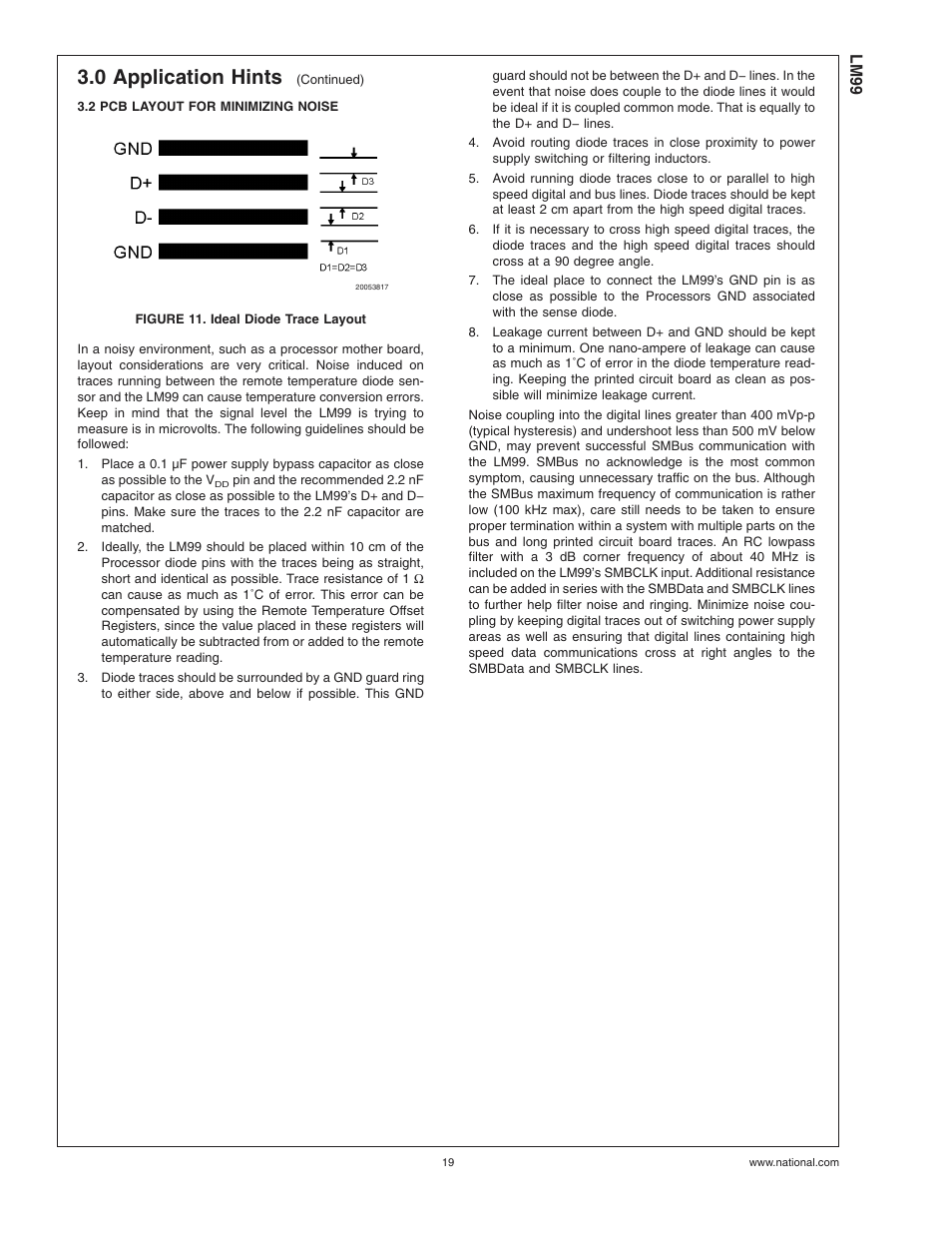 2 pcb layout for minimizing noise, Figure 11. ideal diode trace layout, 0 application hints | Rainbow Electronics LM99 User Manual | Page 19 / 20