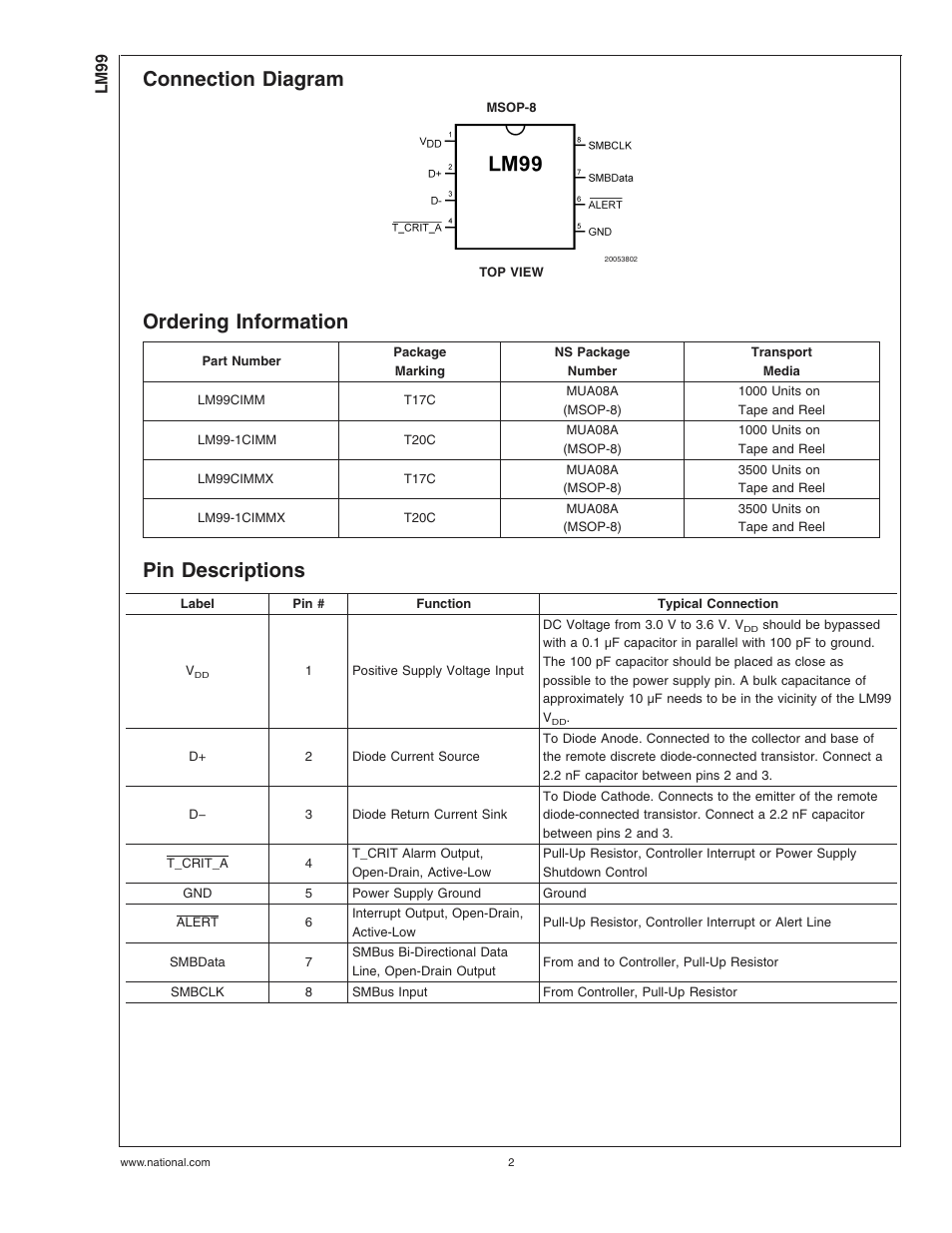 Connection diagram, Ordering information, Pin descriptions | Rainbow Electronics LM99 User Manual | Page 2 / 20