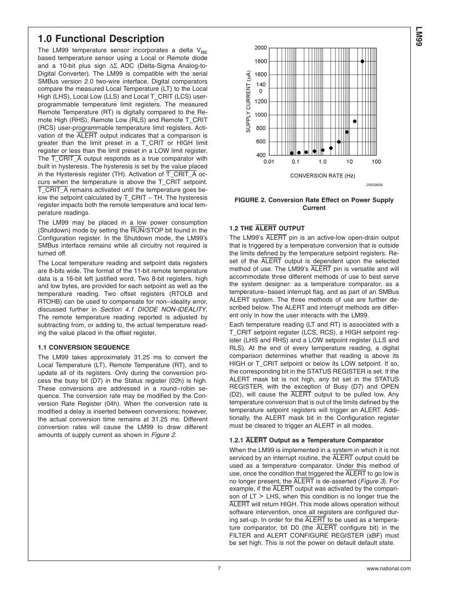 0 functional description, 1 conversion sequence, 2 the alert output | 1 alert output as a temperature comparator | Rainbow Electronics LM99 User Manual | Page 7 / 20