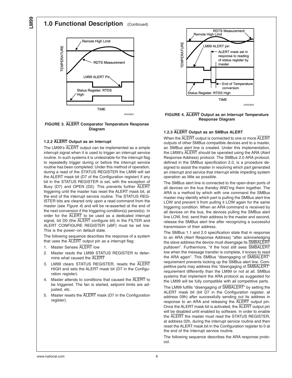 2 alert output as an interrupt, 3 alert output as an smbus alert, 0 functional description | Rainbow Electronics LM99 User Manual | Page 8 / 20