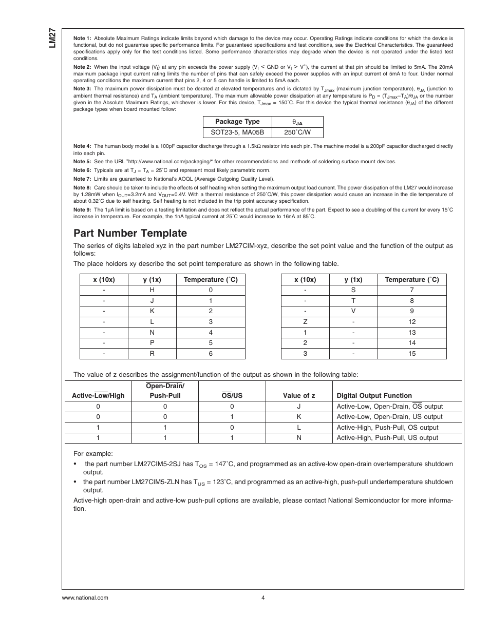 Part number template, Note 1), Note 2) | Current(note 2), Note 3), Note 4), Ratings, Note 6), Note 7), Note 9) | Rainbow Electronics LM27 User Manual | Page 4 / 9