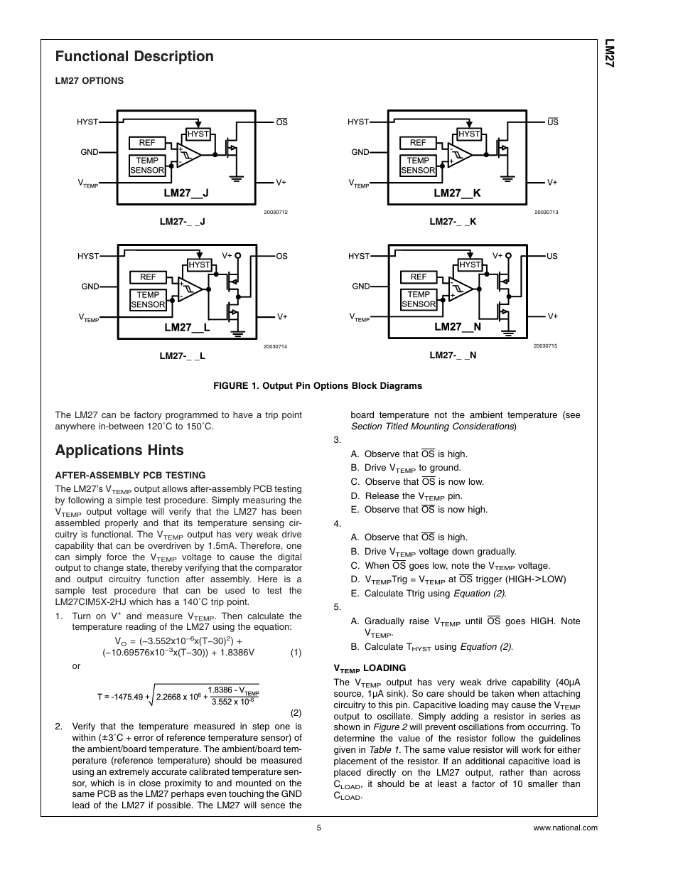Functional description, Lm27 options, Figure 1. output pin options block diagrams | Applications hints, After-assembly pcb testing, Vtemp loading, Lm27 | Rainbow Electronics LM27 User Manual | Page 5 / 9