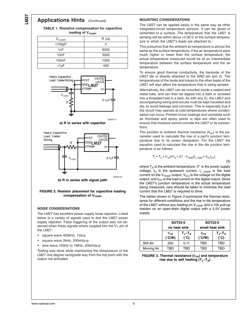 Noise considerations, Mounting considerations, Figure 2 | Table 1, Applications hints, Lm27 | Rainbow Electronics LM27 User Manual | Page 6 / 9