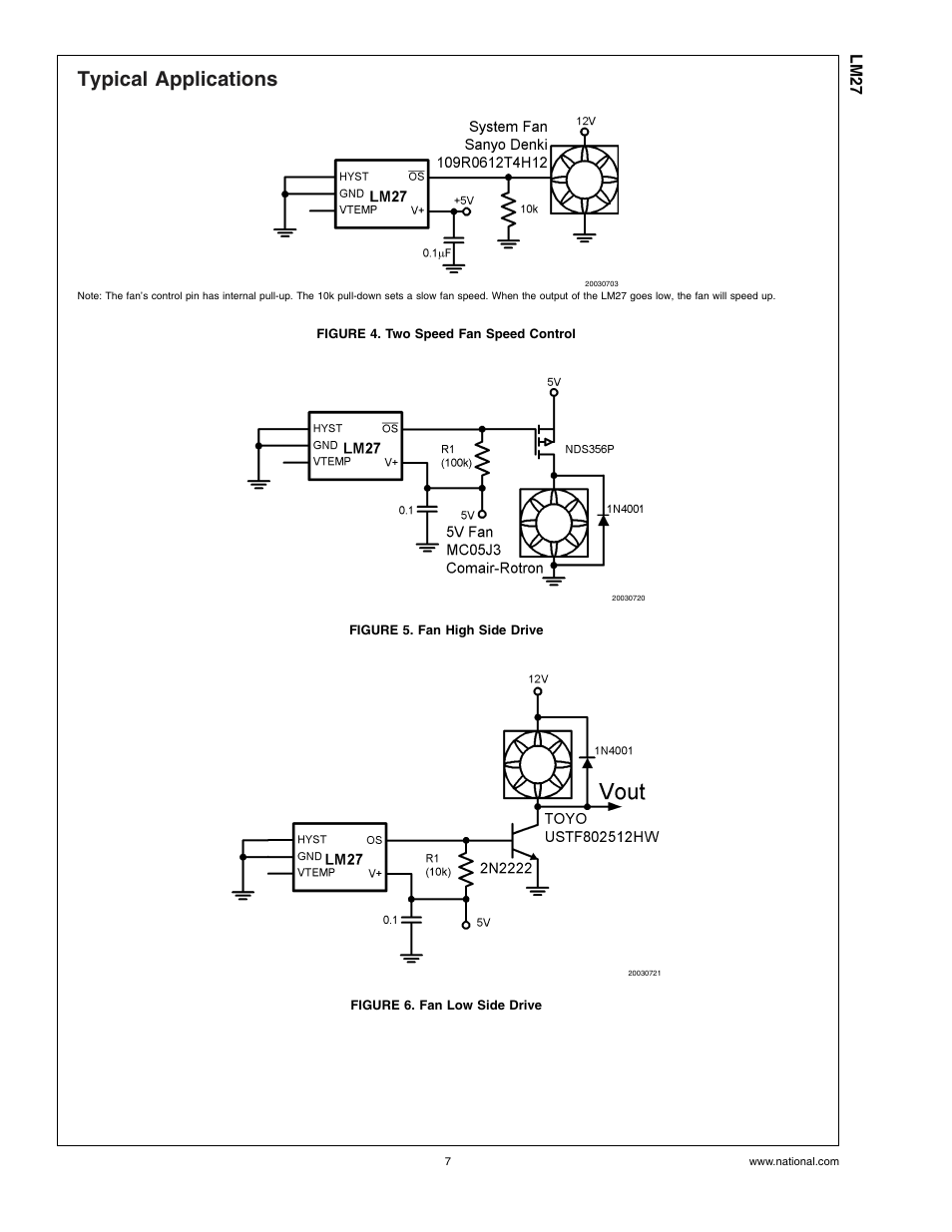 Typical applications, Figure 4. two speed fan speed control, Figure 5. fan high side drive | Figure 6. fan low side drive, Lm27 | Rainbow Electronics LM27 User Manual | Page 7 / 9