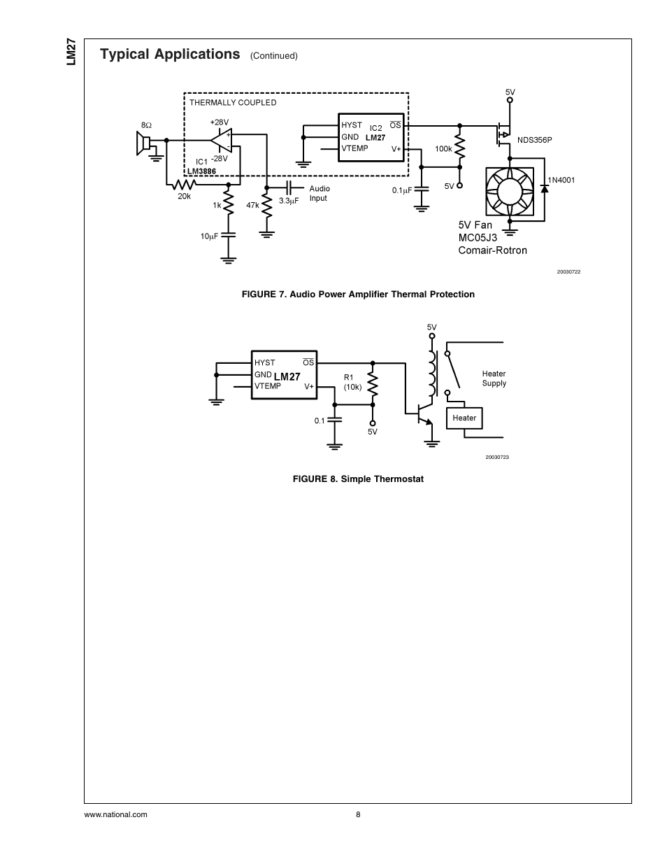 Figure 7. audio power amplifier thermal protection, Figure 8. simple thermostat, Typical applications | Lm27 | Rainbow Electronics LM27 User Manual | Page 8 / 9