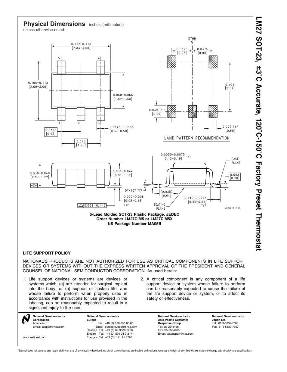 Physical dimensions, Lm27 sot -23 | Rainbow Electronics LM27 User Manual | Page 9 / 9