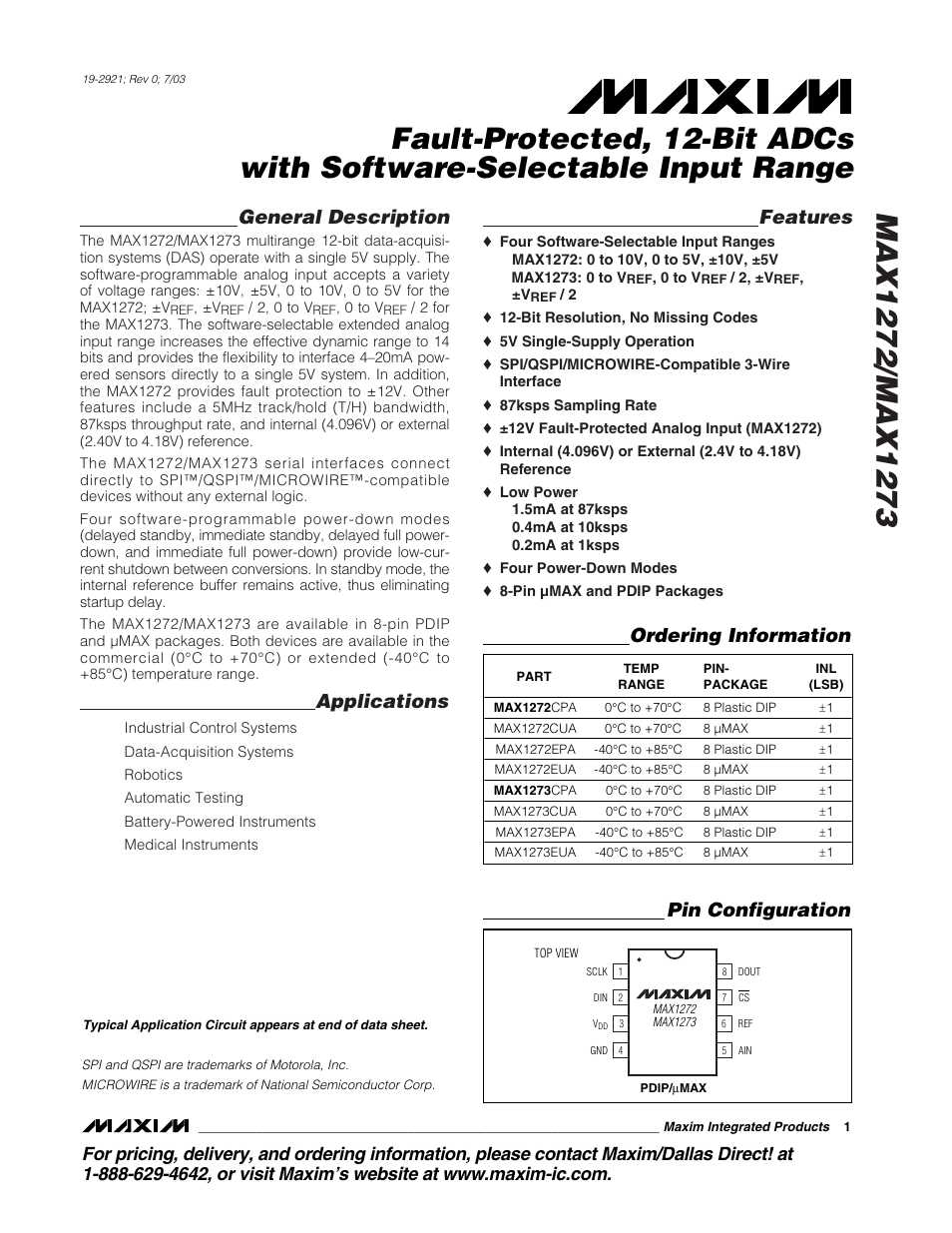 Rainbow Electronics MAX1273 User Manual | 20 pages