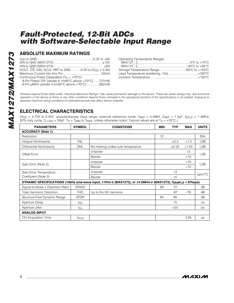 Absolute maximum ratings, Electrical characteristics | Rainbow Electronics MAX1273 User Manual | Page 2 / 20