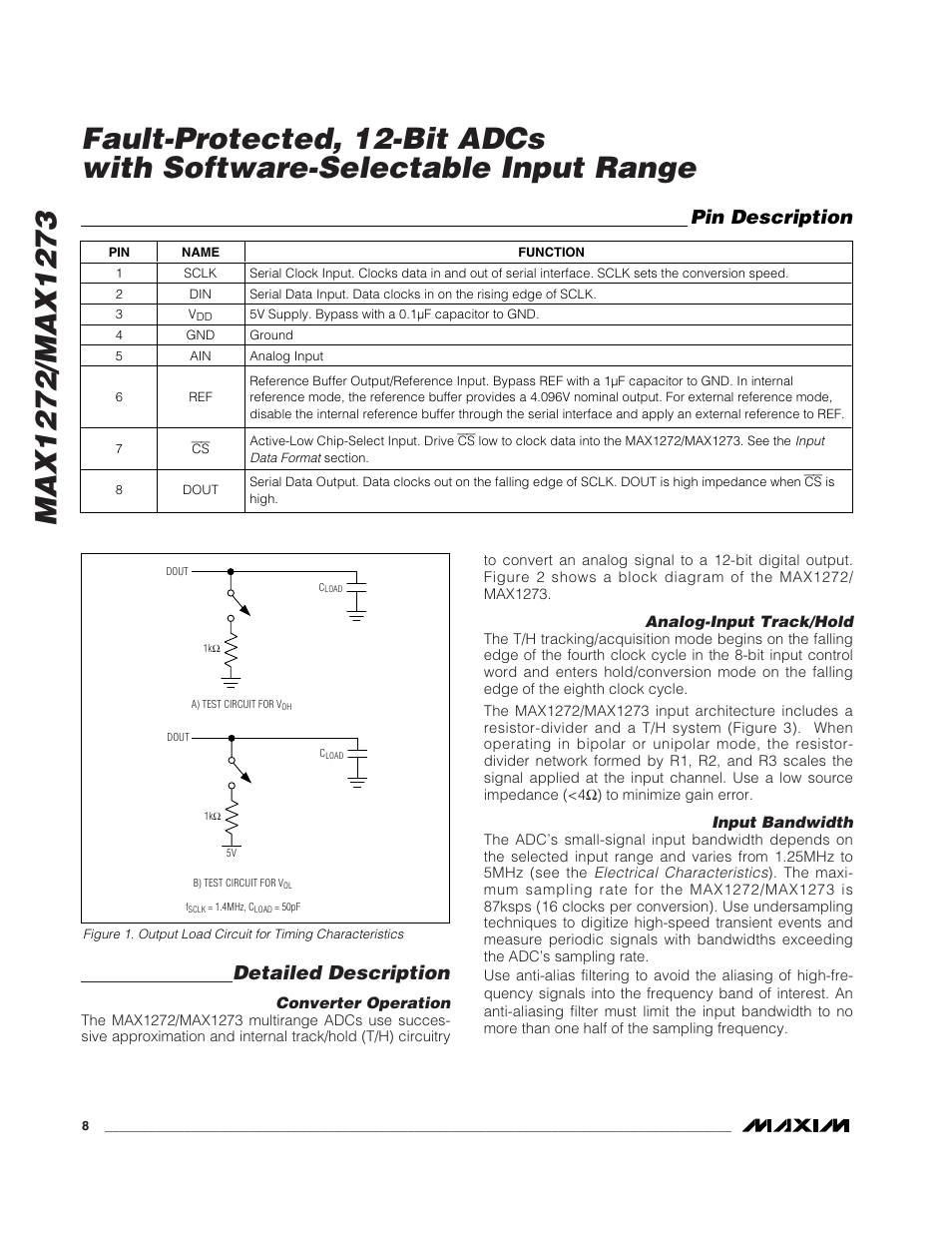 Detailed description, Pin description | Rainbow Electronics MAX1273 User Manual | Page 8 / 20