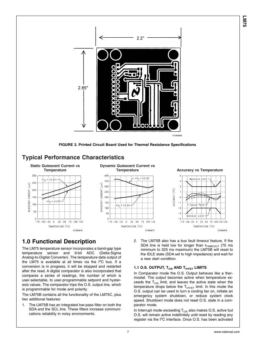 Typical performance characteristics, 0 functional description, 1 o.s. output, tos and thyst limits | Lm75 | Rainbow Electronics LM75 User Manual | Page 7 / 18