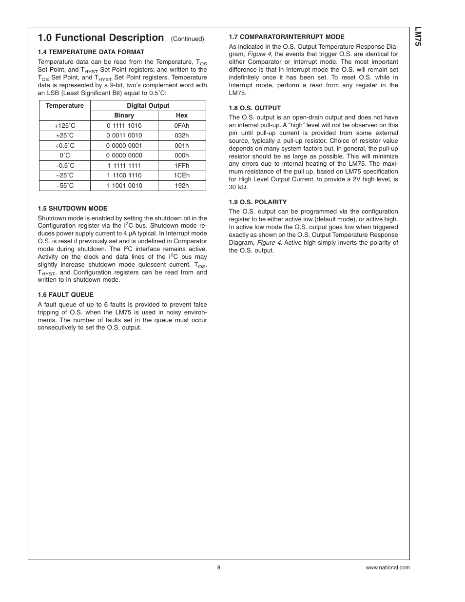 4 temperature data format, 5 shutdown mode, 6 fault queue | 7 comparator/interrupt mode, 8 o.s. output, 9 o.s. polarity, 0 functional description, Lm75 | Rainbow Electronics LM75 User Manual | Page 9 / 18
