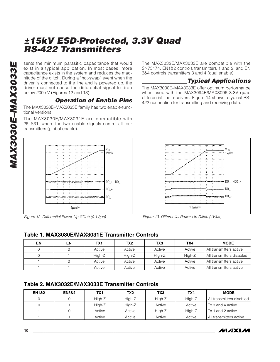 Operation of enable pins, Typical applications | Rainbow Electronics MAX3033E User Manual | Page 10 / 14