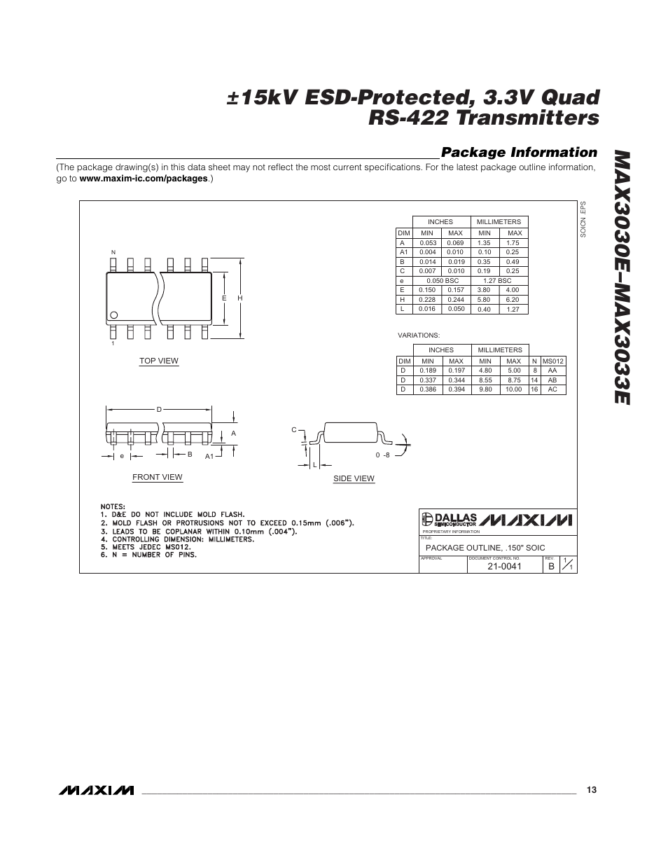 Package information | Rainbow Electronics MAX3033E User Manual | Page 13 / 14