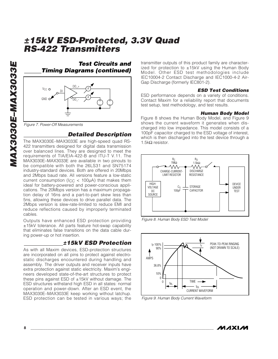 Detailed description, 15kv esd protection, Test circuits and timing diagrams (continued) | Rainbow Electronics MAX3033E User Manual | Page 8 / 14