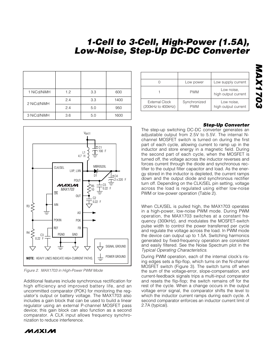 Table 1. typical available output current, Table 2. selecting the operating mode, Step-up converter | Rainbow Electronics MAX1703 User Manual | Page 9 / 16