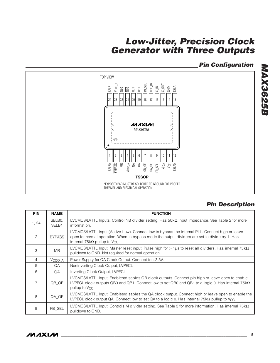 Pin description, Pin configuration | Rainbow Electronics MAX3625В User Manual | Page 5 / 10