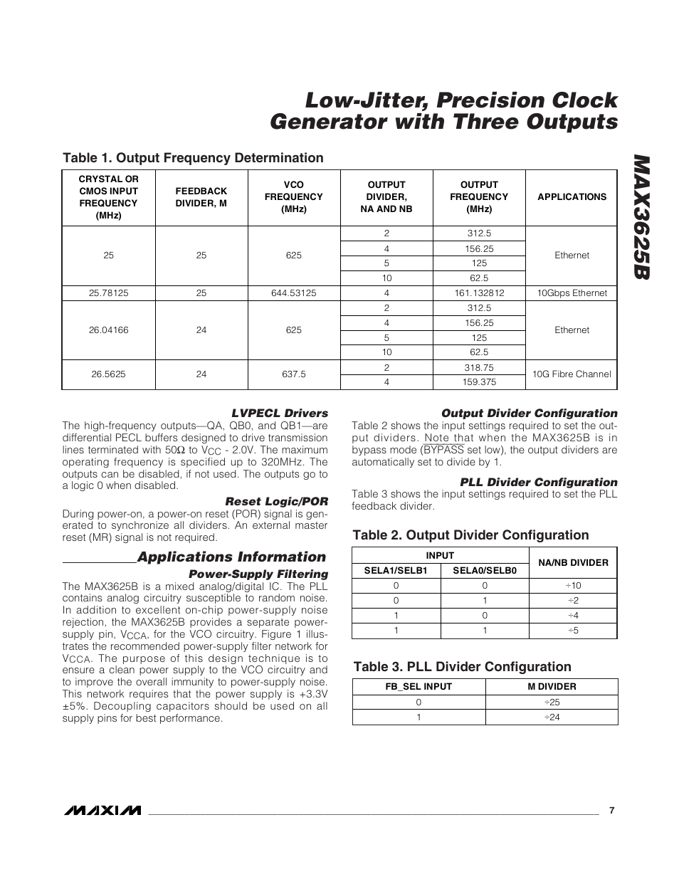 Applications information, Table 1. output frequency determination, Table 2. output divider configuration | Table 3. pll divider configuration | Rainbow Electronics MAX3625В User Manual | Page 7 / 10