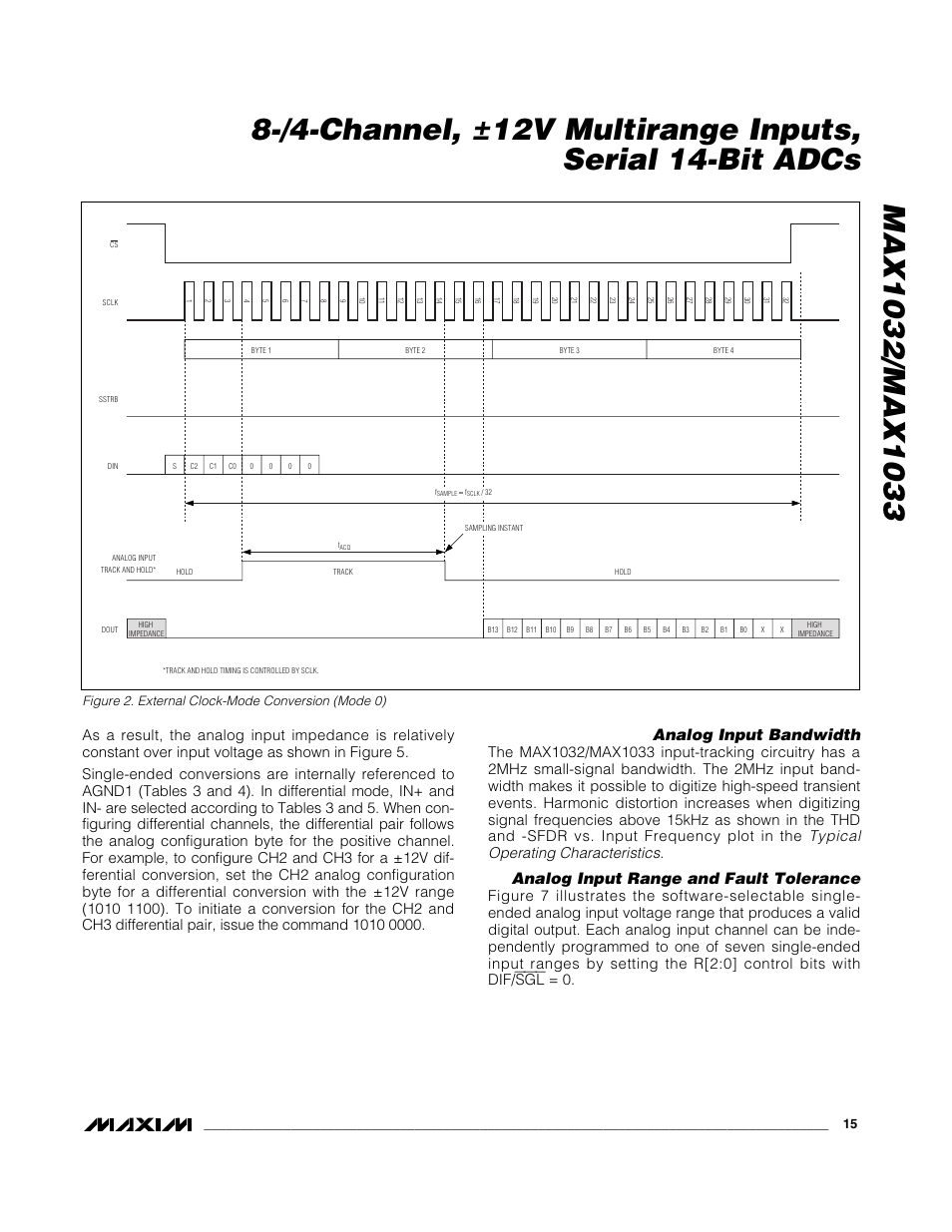 Analog input bandwidth, Analog input range and fault tolerance, Figure 2. external clock-mode conversion (mode 0) | Rainbow Electronics MAX1033 User Manual | Page 15 / 31