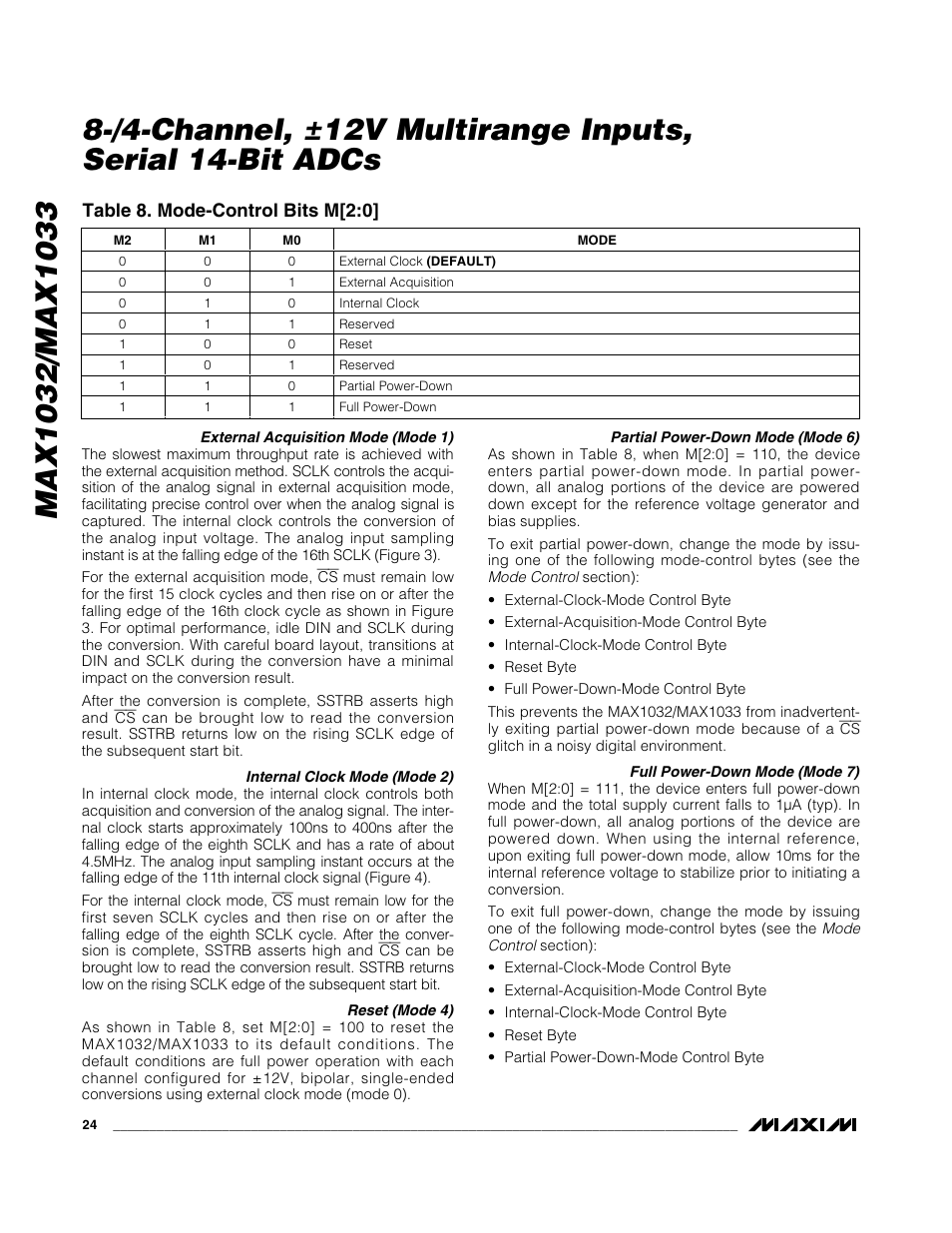 Table 8. mode-control bits m[2:0 | Rainbow Electronics MAX1033 User Manual | Page 24 / 31