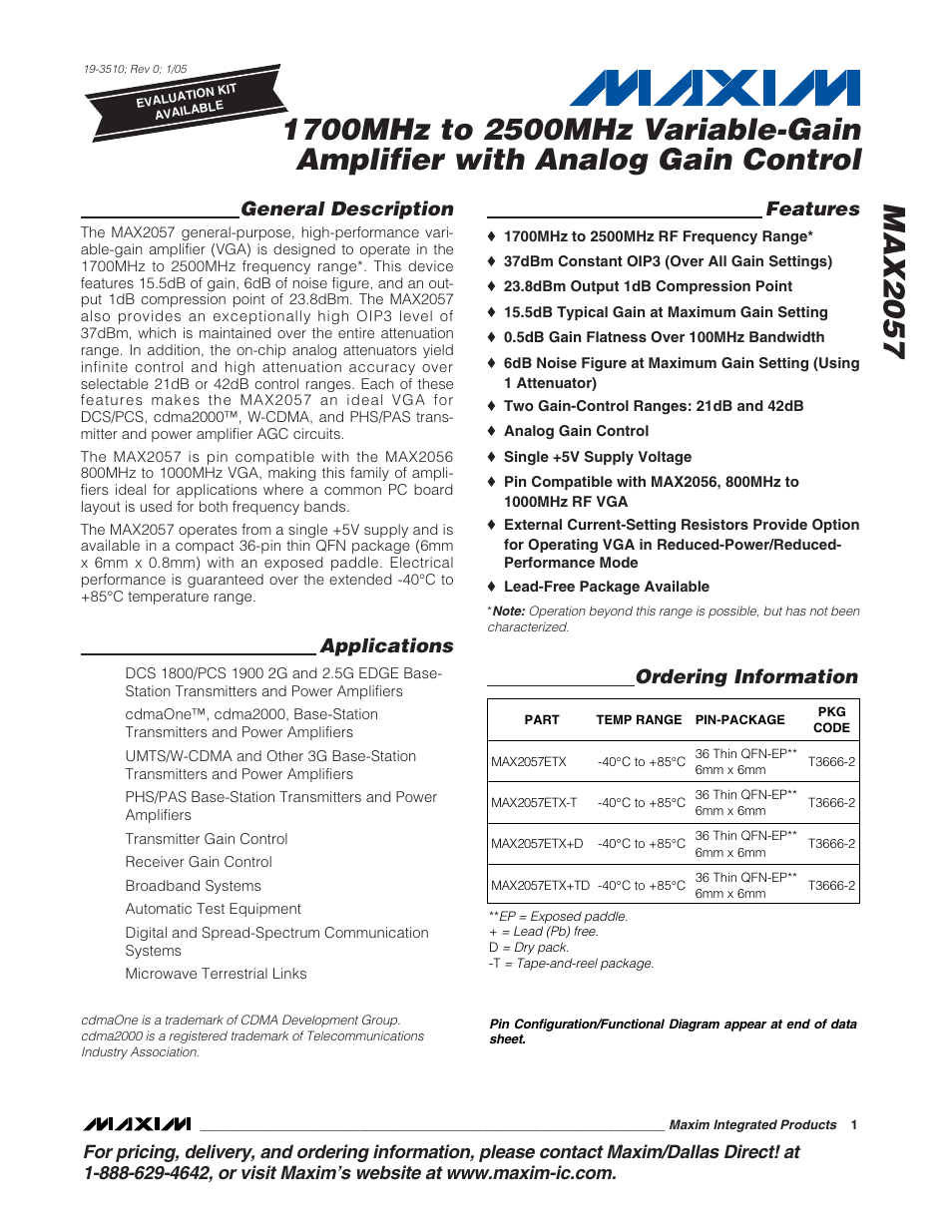 Rainbow Electronics MAX2057 User Manual | 12 pages