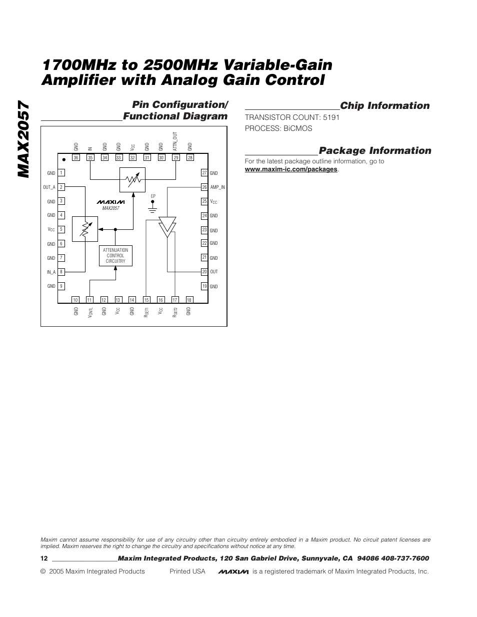 Pin configuration/ functional diagram, Chip information, Package information | Transistor count: 5191 process: bicmos | Rainbow Electronics MAX2057 User Manual | Page 12 / 12