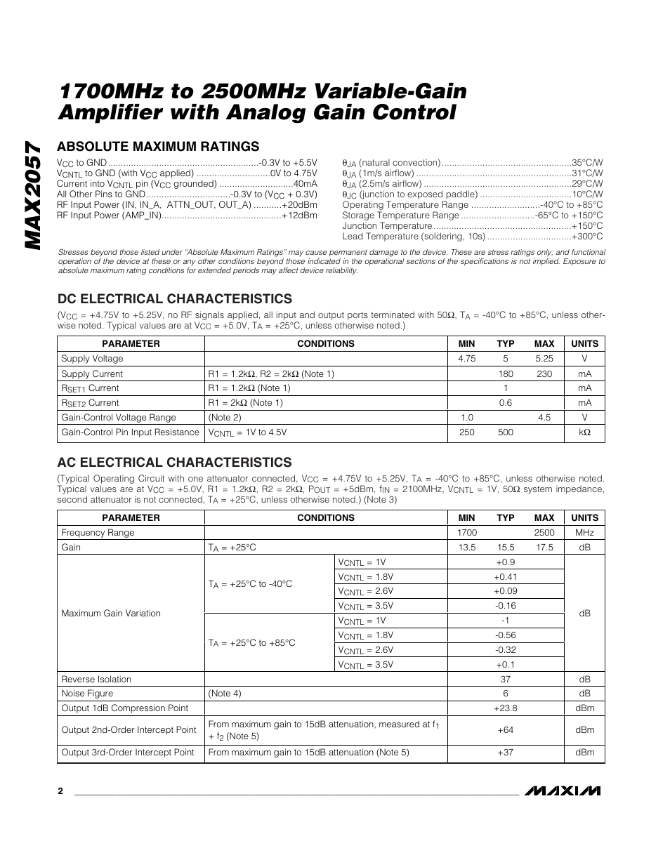 Absolute maximum ratings, Dc electrical characteristics, Ac electrical characteristics | Rainbow Electronics MAX2057 User Manual | Page 2 / 12