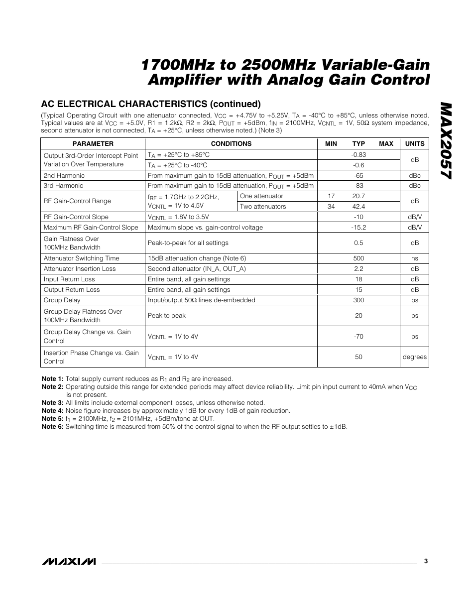 Ac electrical characteristics (continued) | Rainbow Electronics MAX2057 User Manual | Page 3 / 12