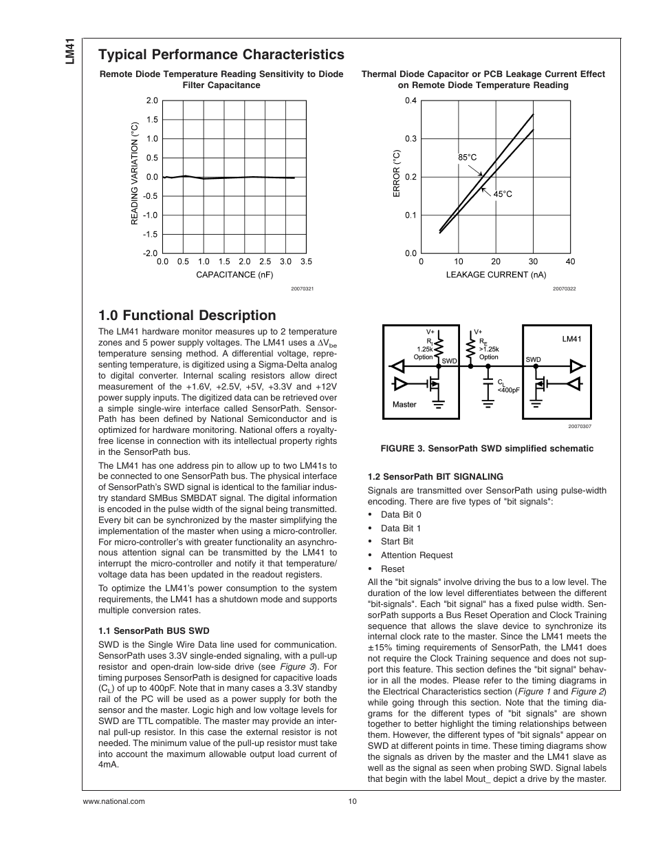 Typical performance characteristics, 0 functional description, 1 sensorpath bus swd | Figure 3. sensorpath swd simplified schematic, 2 sensorpath bit signaling | Rainbow Electronics LM41 User Manual | Page 10 / 27