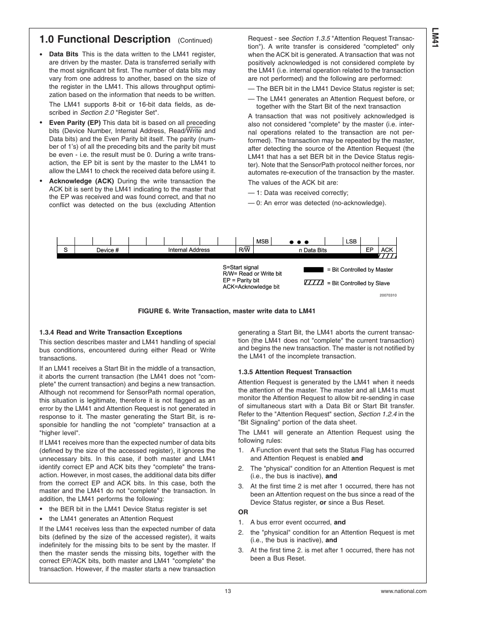 4 read and write transaction exceptions, 5 attention request transaction, 0 functional description | Rainbow Electronics LM41 User Manual | Page 13 / 27