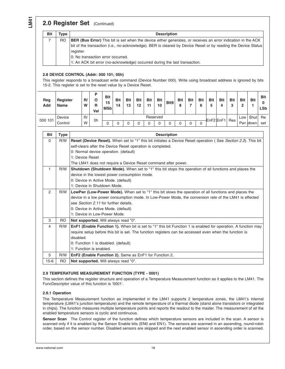 8 device control (addr: 000 101; 05h), 9 temperature measurement function (type - 0001), 1 operation | 0 register set | Rainbow Electronics LM41 User Manual | Page 18 / 27