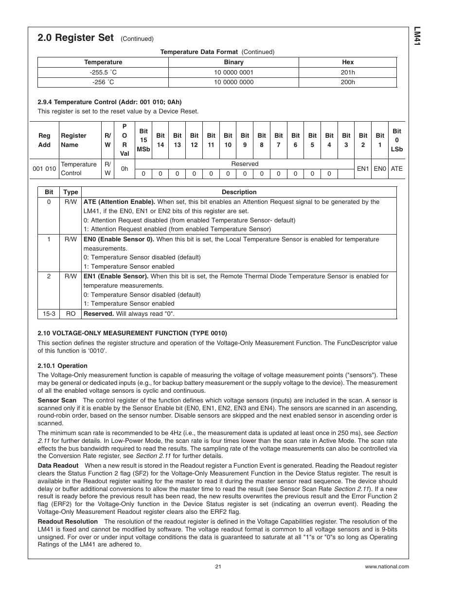 4 temperature control (addr: 001 010; 0ah), 10 voltage-only measurement function (type 0010), 1 operation | 0 register set | Rainbow Electronics LM41 User Manual | Page 21 / 27