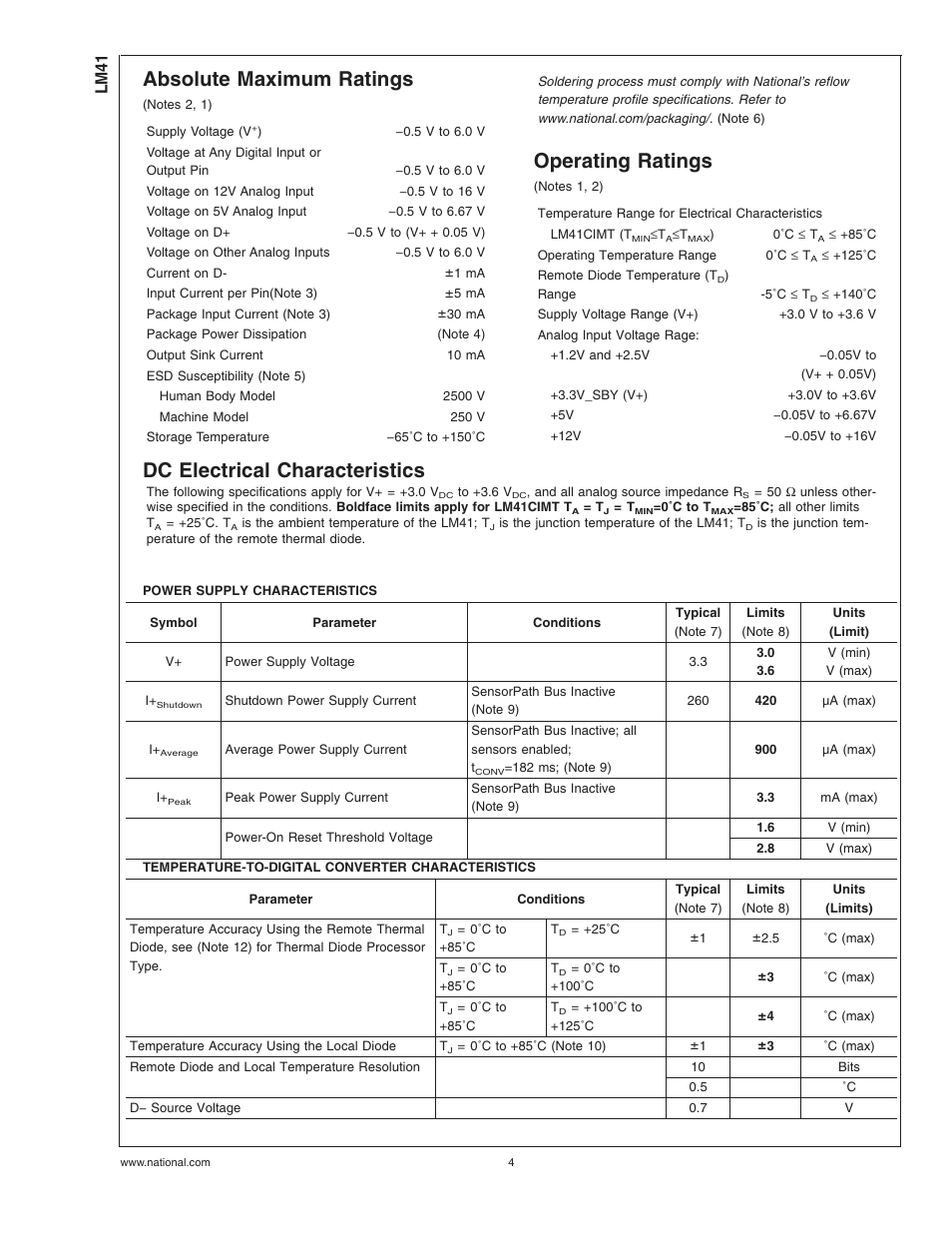 Absolute maximum ratings, Operating ratings (notes , ), Dc electrical characteristics | Operating ratings, Lm41 | Rainbow Electronics LM41 User Manual | Page 4 / 27