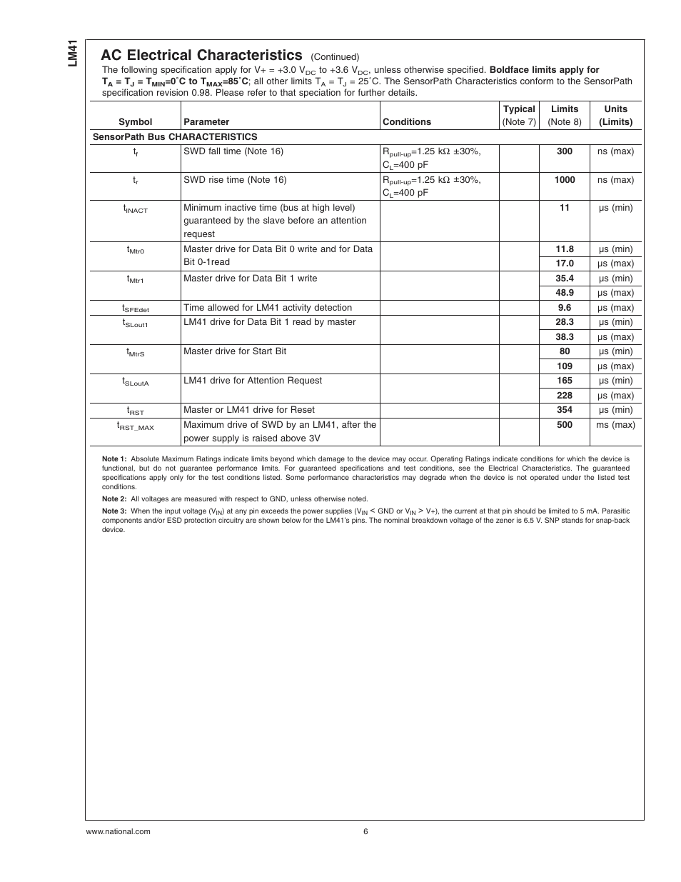 Pin(note 3), Note 3), Ac electrical characteristics | Lm41 | Rainbow Electronics LM41 User Manual | Page 6 / 27