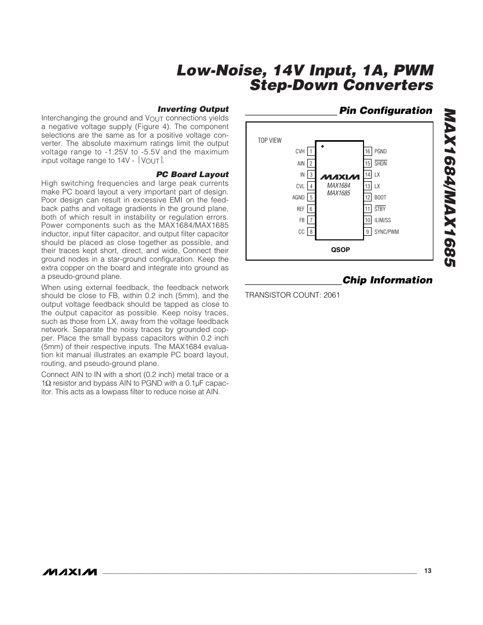 Pin configuration, Chip information | Rainbow Electronics MAX1685 User Manual | Page 13 / 14