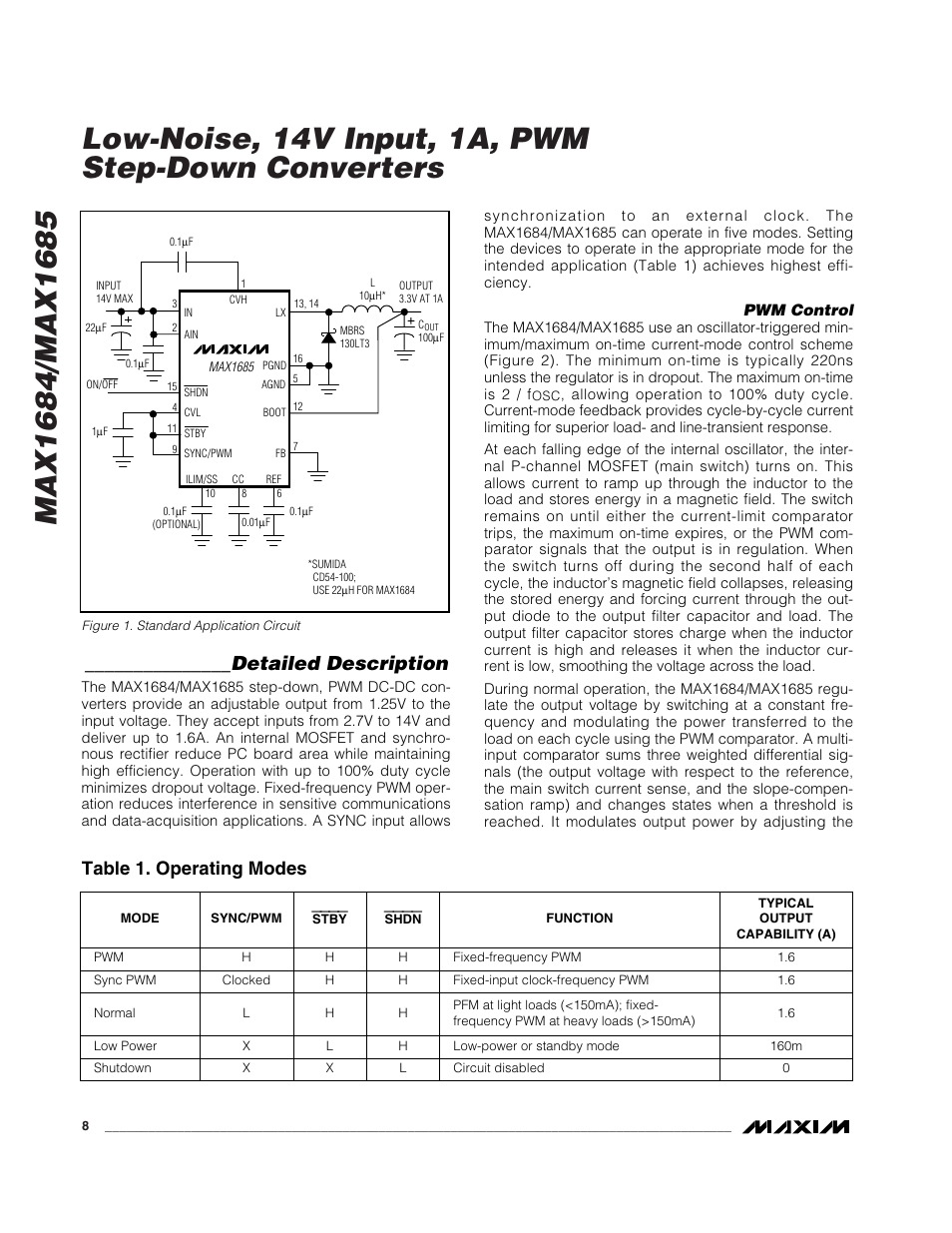 Detailed description, Table 1. operating modes | Rainbow Electronics MAX1685 User Manual | Page 8 / 14