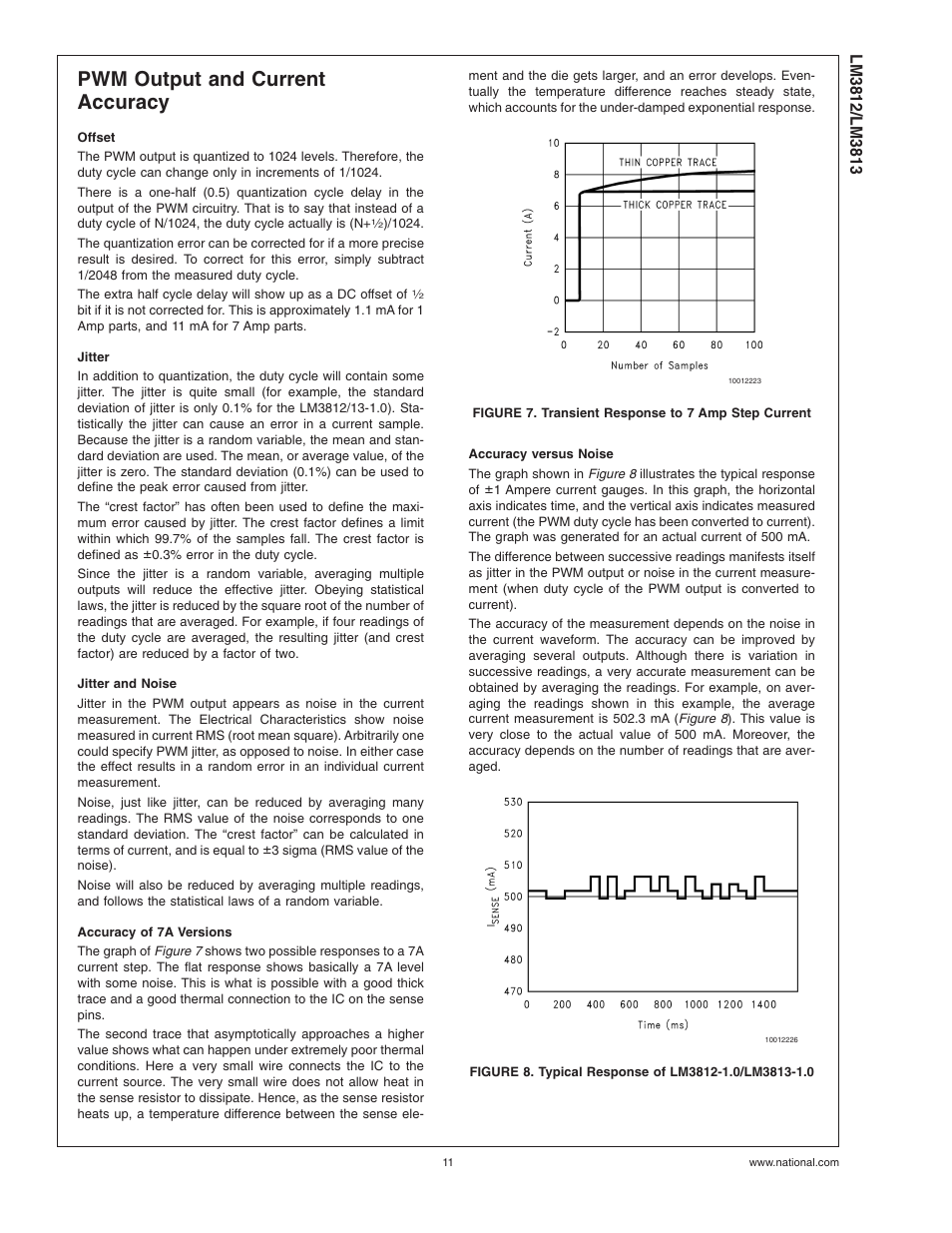 Pwm output and current accuracy, Offset, Jitter | Jitter and noise, Accuracy of 7a versions, Figure 7. transient response to 7 amp step current, Accuracy versus noise | Rainbow Electronics LM3813 User Manual | Page 11 / 14