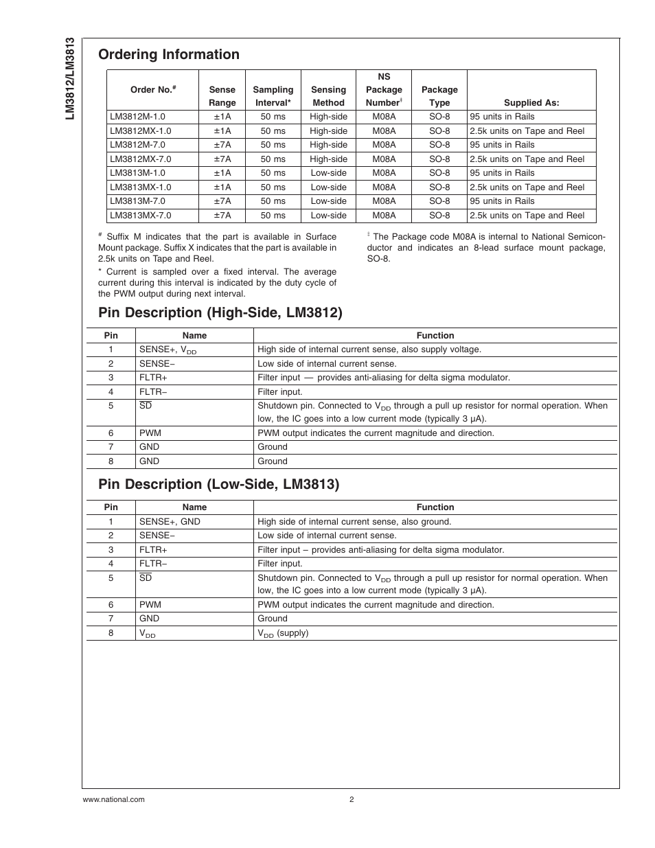 Ordering information, Pin description (high-side, lm3812), Pin description (low-side, lm3813) | Rainbow Electronics LM3813 User Manual | Page 2 / 14