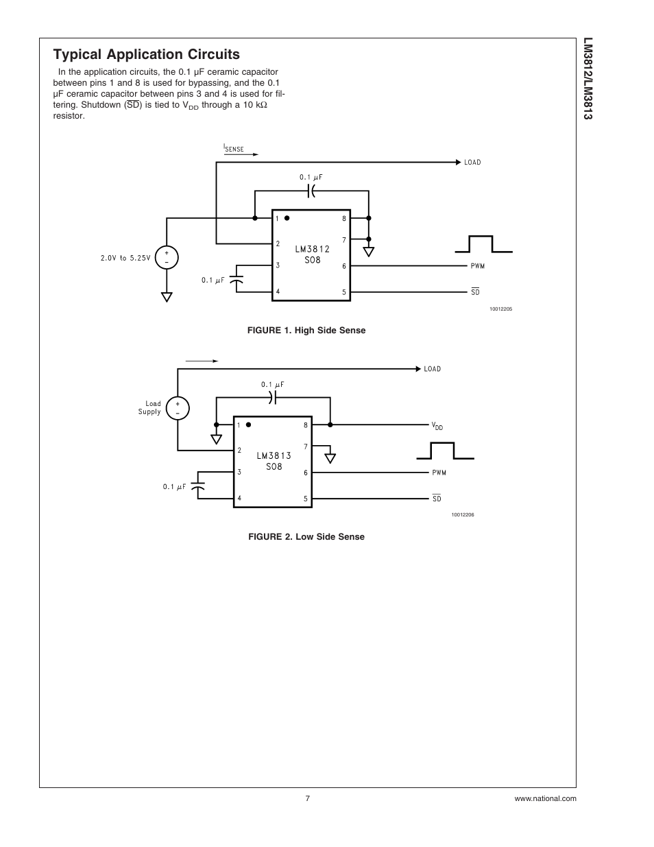 Typical application circuits, Figure 1. high side sense, Figure 2. low side sense | Rainbow Electronics LM3813 User Manual | Page 7 / 14