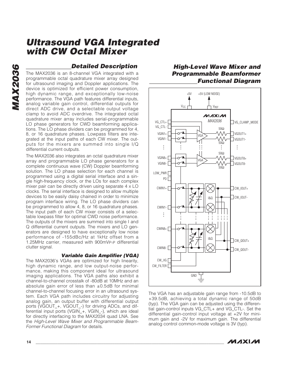 Detailed description, Variable gain amplifier (vga) | Rainbow Electronics MAX2036 User Manual | Page 14 / 23
