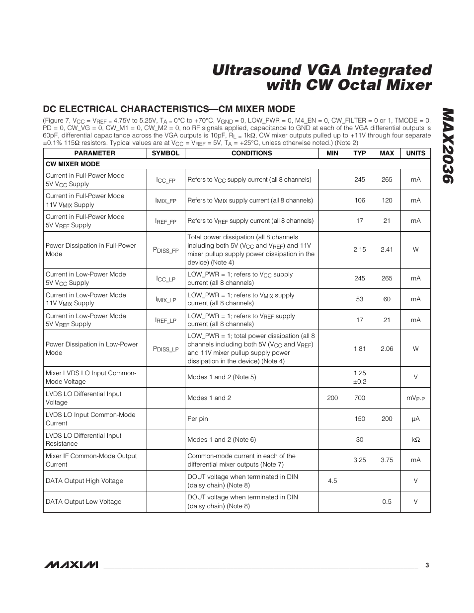 Dc electrical characteristics—cm mixer mode | Rainbow Electronics MAX2036 User Manual | Page 3 / 23