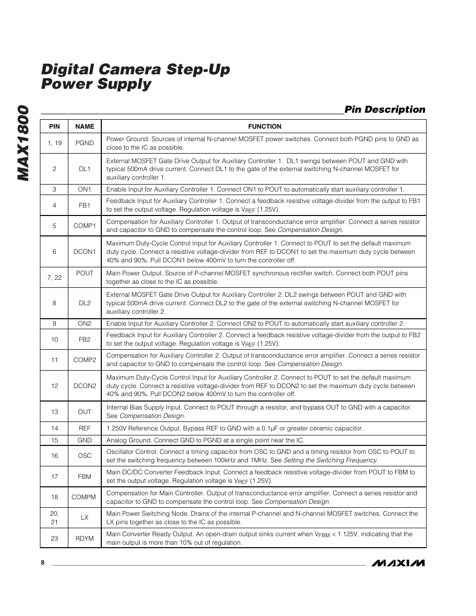 Max1800 digital camera step-up power supply, Pin description | Rainbow Electronics MAX1800 User Manual | Page 8 / 24