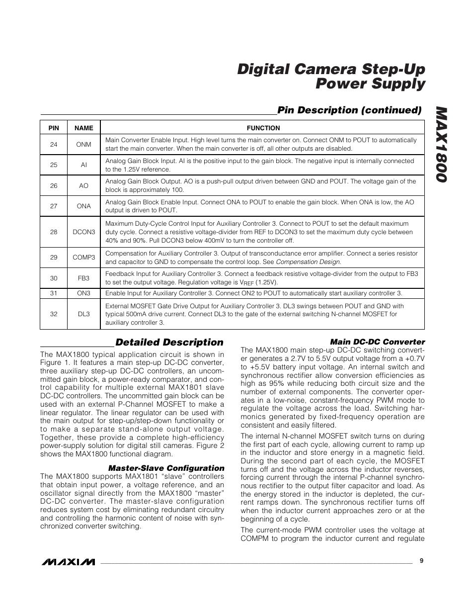 Max1800 digital camera step-up power supply, Detailed description, Pin description (continued) | Rainbow Electronics MAX1800 User Manual | Page 9 / 24