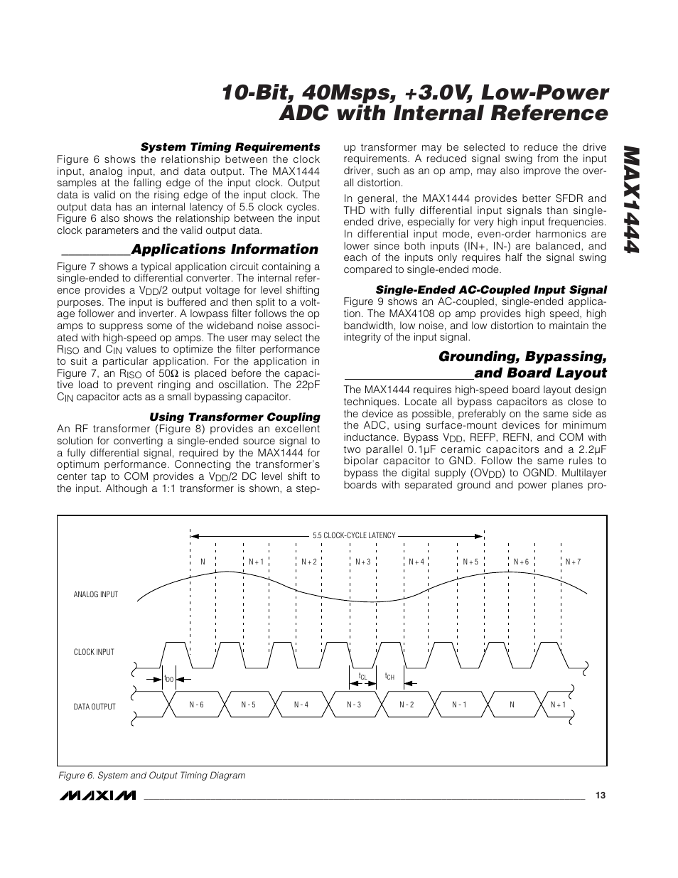Applications information, Grounding, bypassing, and board layout | Rainbow Electronics MAX1444 User Manual | Page 13 / 18