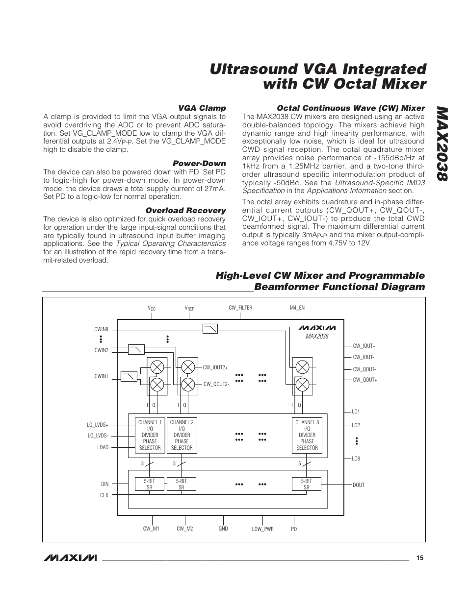 Vga clamp, Power-down, Overload recovery | Octal continuous wave (cw) mixer | Rainbow Electronics MAX2038 User Manual | Page 15 / 23