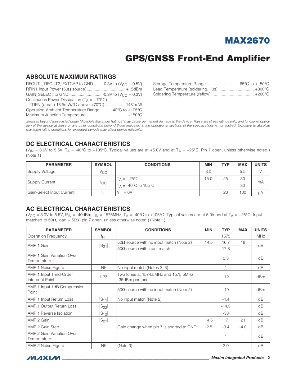 Max2670 gps/gnss front-end amplifier, Absolute maximum ratings, Dc electrical characteristics | Ac electrical characteristics | Rainbow Electronics MAX2670 User Manual | Page 2 / 9