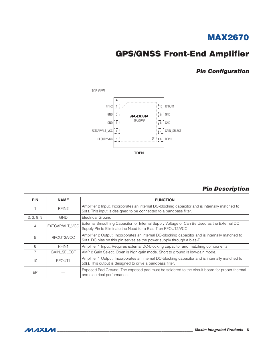 Max2670 gps/gnss front-end amplifier, Pin description pin configuration | Rainbow Electronics MAX2670 User Manual | Page 6 / 9