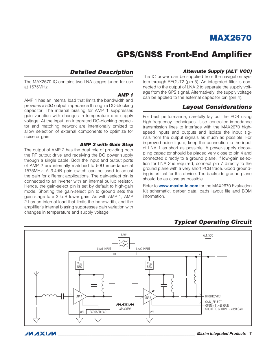 Max2670 gps/gnss front-end amplifier, Detailed description, Layout considerations | Typical operating circuit | Rainbow Electronics MAX2670 User Manual | Page 7 / 9